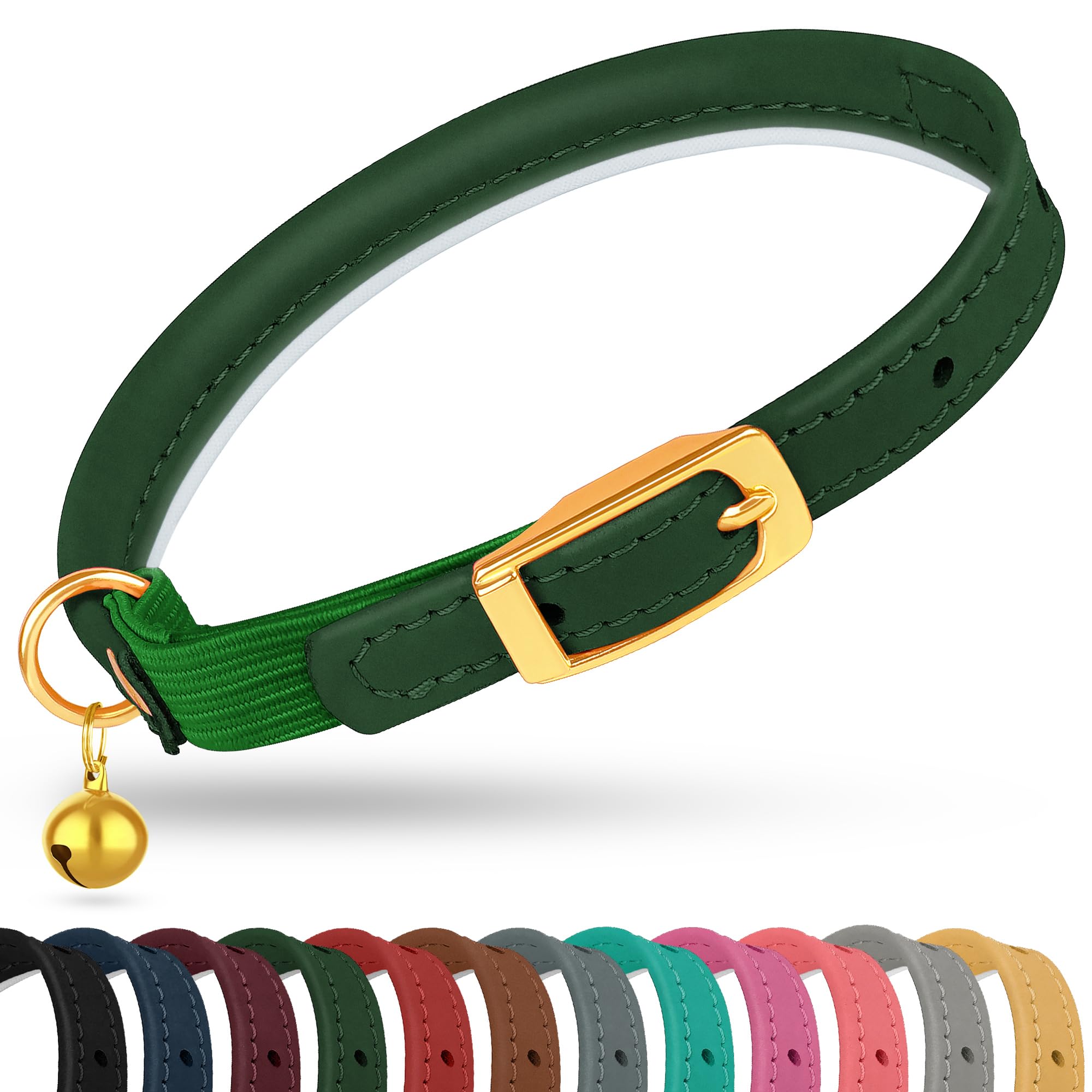 OOPSDOGGY Rolled Leather Cat Collar with Bell - Reflective Kitten Collar with Safety Elastic Strap - Adjustable Small Pet Collars for Boy Girl Cats (Green)