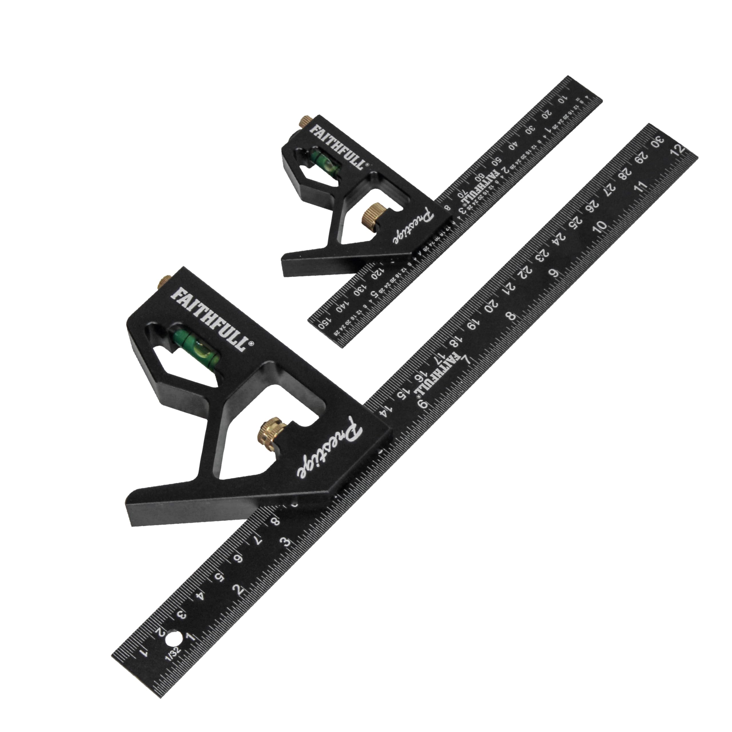 Faithfull Prestige Combination Square Twin Pack Black Aluminium 150mm (6in) & 300mm (12in) – Multi-Function Measuring & Layout Tools with Spirit Level & Marking Scribe for Woodworking & Metalwork