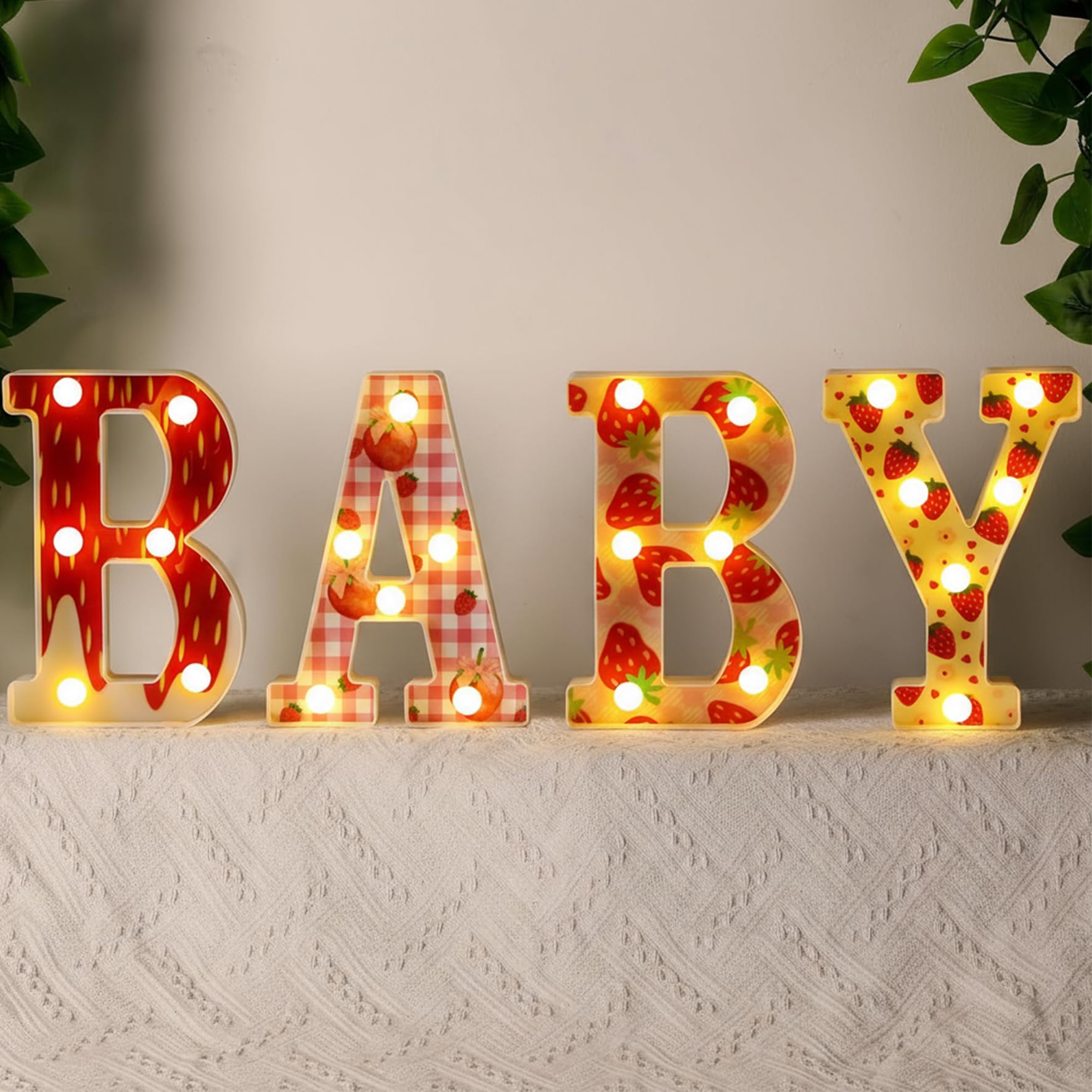Photo 1 of Realspring Baby Shower Sign Babe Marquee LED Letters Battery Operated Light up Centerpieces Glowing Home Table Party Decor for Boy Girl Gender Reveal Birthday, 8.26''(Strawberry,Red)