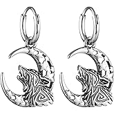HZMAN Viking Wolf Dangle Drop Earrings for Men Women Stainless Steel Retro Gothic Punk Howling Wolf Moon Earring Biker Party Jewelry Gift