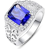 BONLAVIEGEM 5.3ct Vintage Simulated Sapphire|Emerald|Black Onyx Ring for Men White Gold Plated Men Rings 11mm Square-Cut Mens Cocktail Rings Celtic Pattern Band for Dad Father Size 7-12
