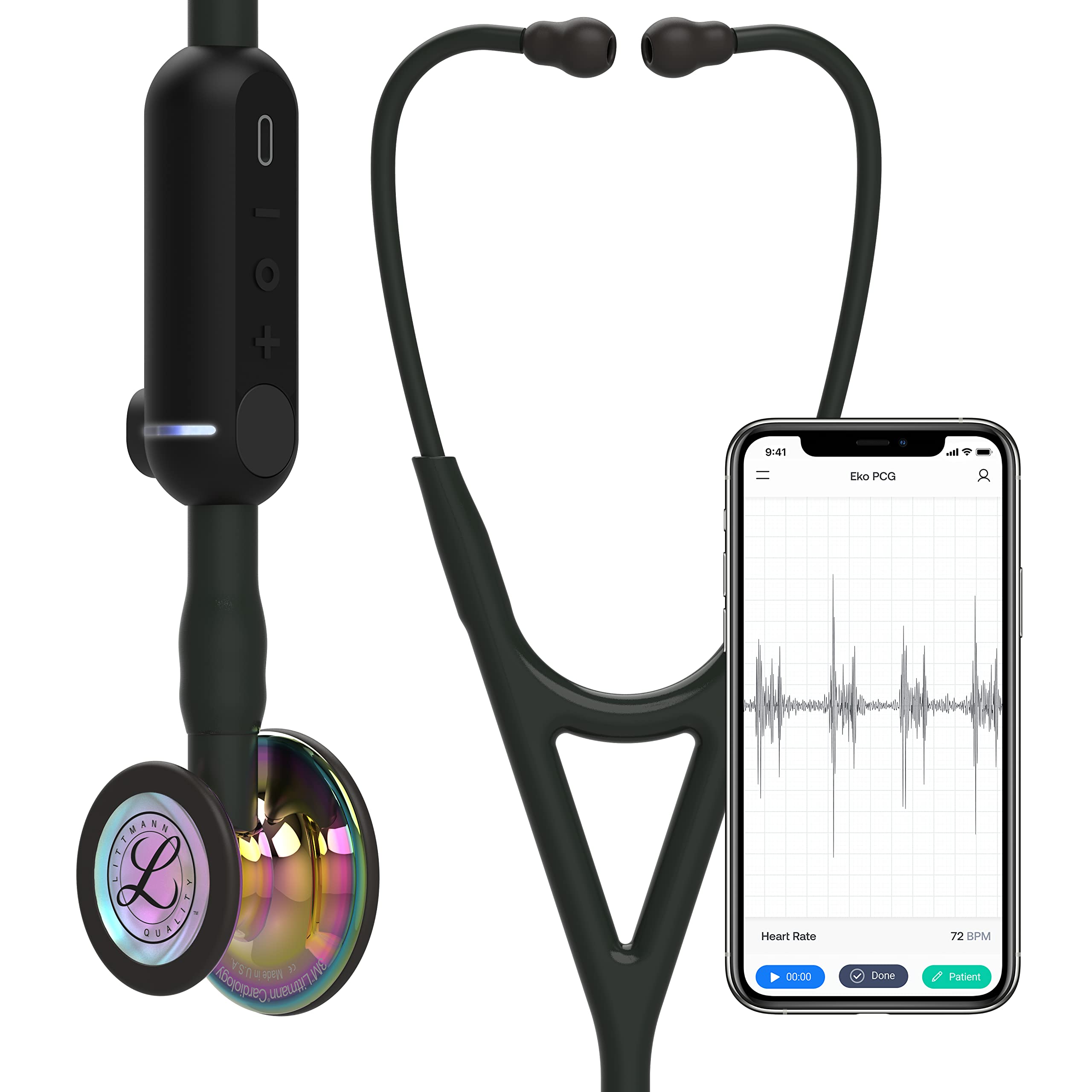 3M Littmann CORE Digital Stethoscope, High Polish Rainbow Chestpiece, Black Tube, Stem and Headset, 69 cm, 8572