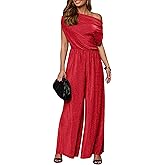 YMDUCH Women's Casual Off Shoulder Short Sleeve Wide Leg Long Pant Elegant Sparkly Party Jumpsuit
