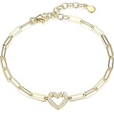 Amazon Essentials Cubic Zirconia Geometric Open Heart Paperclip Chain Link Bracelet in Sterling Silver, 6.75" + 1.25" Extender