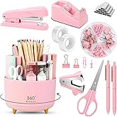 SKYDUE Pink Desk Accessories 10Pcs, Rotating Pen Holder for Desk, Stapler, Staple Remover, Tape Dispenser,2pcs Tape Refills, Binder Paper Clips Kit, Scissor,Pink Office School Supplies