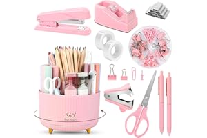 SKYDUE Pink Desk Accessories 10Pcs, Rotating Pen Holder for Desk, Stapler, Staple Remover, Tape Dispenser,2pcs Tape Refills, Binder Paper Clips Kit, Scissor,Pink Office School Supplies