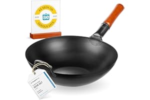 YOSUKATA 34 cm Carbon Steel Wok Pan – Pre-Seasoned Flat Bottom Pow Wok for Stir Fry, BBQ, Grill & Camping – Traditional Japan