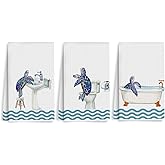 3Pcs Turtle Bathroom Towels 24x14 Inch, Toilet Bowl Bathtub Durable Microfiber Kitchen Towels, Tortoise Waffle Weave Hand Tea Towel for Kitchen Home Bathroom Decor, Sea Turtle Gifts for Women Friend