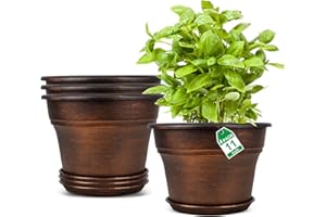 FODETYFF Plant Planters Pots Set of 4 Pack 11 Inch, Plastic Flower Pot for Indoor Plants with Drainage Holes & Trays, Resin Decorative Container Sets with Saucer for House Outdoor Garden Planters Copper