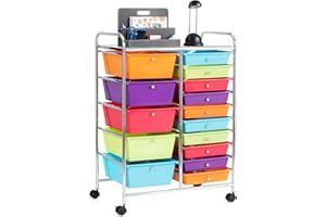 MEDIMALL 15 Drawers Rolling Storage Cart, Multipurpose Craft Storage Cart with Wheels, Mobile Tools Scrapbook Paper Organizer Cart for School Home Office Use (Multicolor)