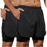 SILKWORLD Men's Running Shorts 2 in 1 Shorts with Zipper Pockets (2 Pack) | stretch, dry fast, internal elastic waist drawstring, zip pockets, reflective logo, split hem, no need for extra underwear