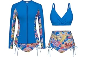 JASAMBAC Women 3 Piece Rash Guard Long Sleeve Zip Up Swimsuits with Boyshort UV UPF 50+ Swim Shirt Built in Bra