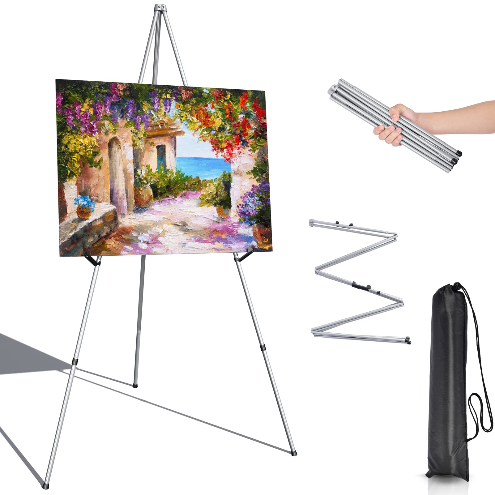 Photo 1 of Portable Art Easel Stand 63 Inches - Silver Picture Stands for Display w/Bag - Tabletop Art Easel Stand for Sign, Wedding Signs, Poster Stand, Painting Canvas Stand - Metal Tripod, Easels for Display