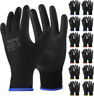 Rainberg Safety Gloves Pack 12 Pair Medium PU Non-Slip Grip Garden DIY Workwear