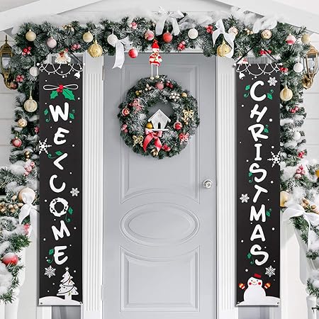 Amosfun Banner Portico Di Natale Benvenuto Banner Decorativo Per Appendere Decorazioni Natalizie Per Porte Da Cortile O Banner Per Pareti Interne