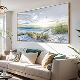 Canvas Prints Wall Art Beach Sunrise Ocean Waves Beach Grass Nature Pictures Stretched Canvas Wooden Framed for living Room Bedroom and Office Home Decor 20"x40" with Framed