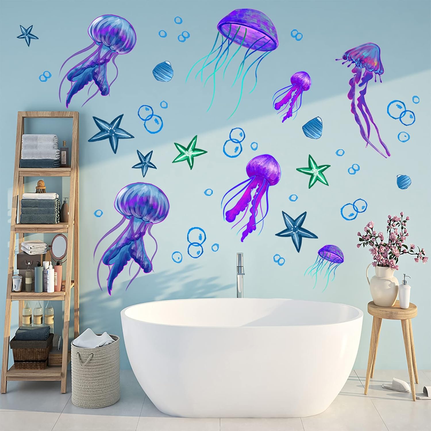 COKOYY Ocean Jellyfish Wall Decal, Under The Sea Purple Jellyfish Wall Stickers, Vivid Starfish Bubble Vinyl Decor, Removable DIY Art Wall Decors Mural for Kids Bedroom, Baby Nursery, Bathroom