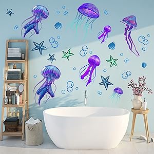 COKOYY Ocean Jellyfish Wall Decal, Under The Sea Purple Jellyfish Wall Stickers, Vivid Starfish Bubble Vinyl Decor, Removable DIY Art Wall Decors Mural for Kids Bedroom, Baby Nursery, Bathroom