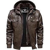 HOOD CREW Men's Faux Leather Hooded Jacket Motorcycle Jackets Water Repellent Windproof PU Moto Vintage Bomber Hoodie Coats