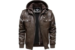 HOOD CREW Men's Vintage Hooded Faux Leather Motorcycle Windproof Biker Jackets Outwear With a Removable Hood
