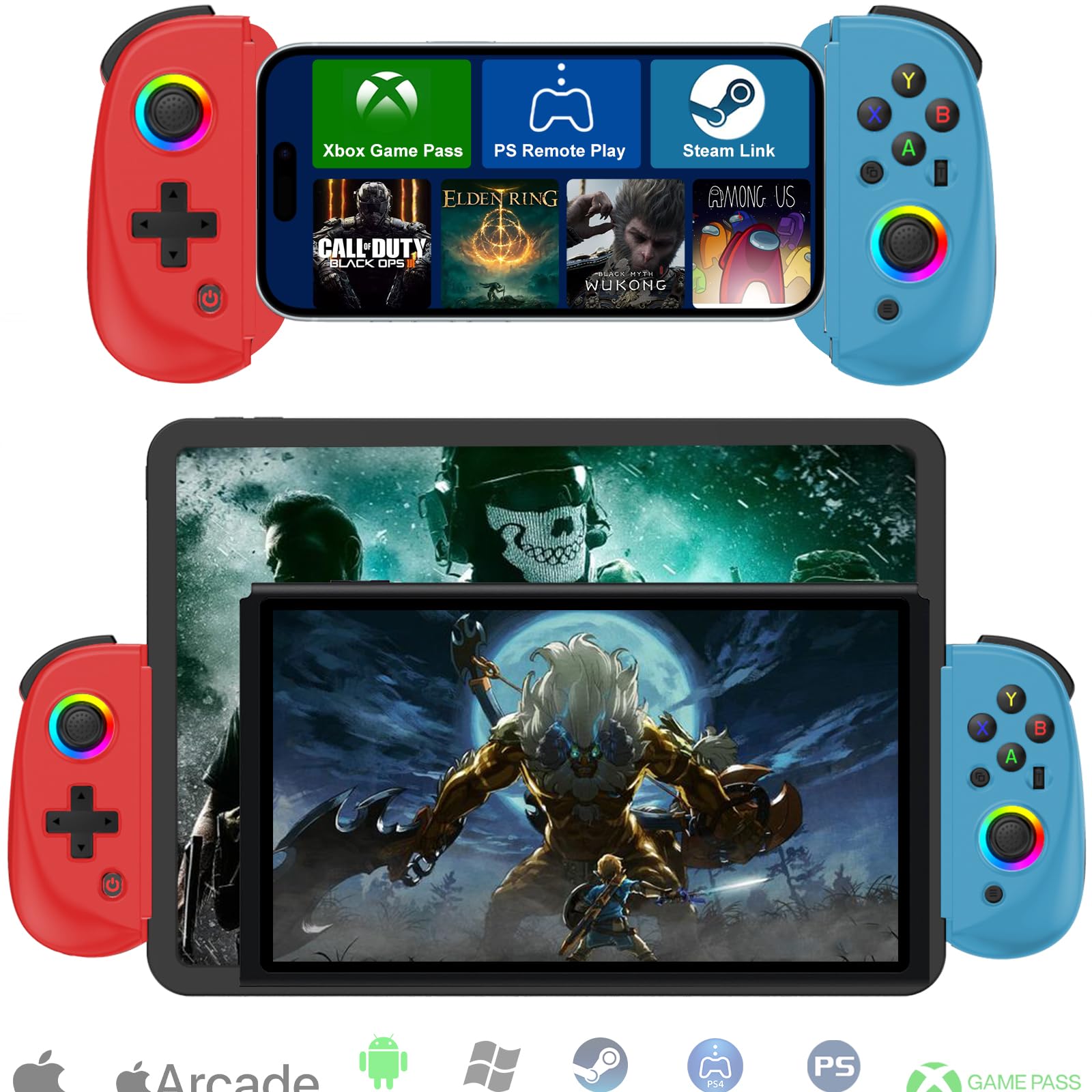 Photo 1 of Wireless Controller for iPad, Tablet, iPhone/Android/PC/Switch/PS3/PS4 Gamepad Joystick with 7-color RGB lights, Turbo, Supports Mobile Cloud Game, Streaming on PS/Xbox/PC Console, iPhone 16/15 Controller, Blue