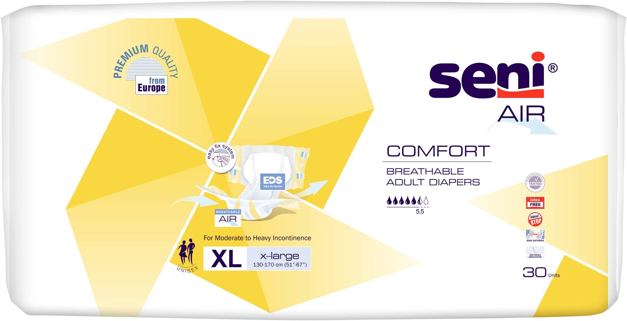 SENI Air Comfort Breathable Adult Diapers - Extra Large (XL), 30 Piece