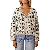 Saodimallsu Womens Floral Print V Neck Cardigan Open Front Button Down Knit Sweater Long Sleeve Loose Fashion Tops