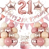 Jobkoo 21st Birthday Decorations for Her, Retro Pink Nude Number 21 Balloon Set Happy 21st Birthday Banner Cake Topper Dusty Pink Beige Rosegold Star Balloons for Women 21 Year Old Bday Party Decor