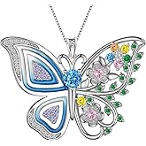 Aurora Tears 925 Sterling Silver Butterfly Flower Pendant Necklace - Colorful Enamel Zircon Adjustable Chain Jewelry Gift for Women Her