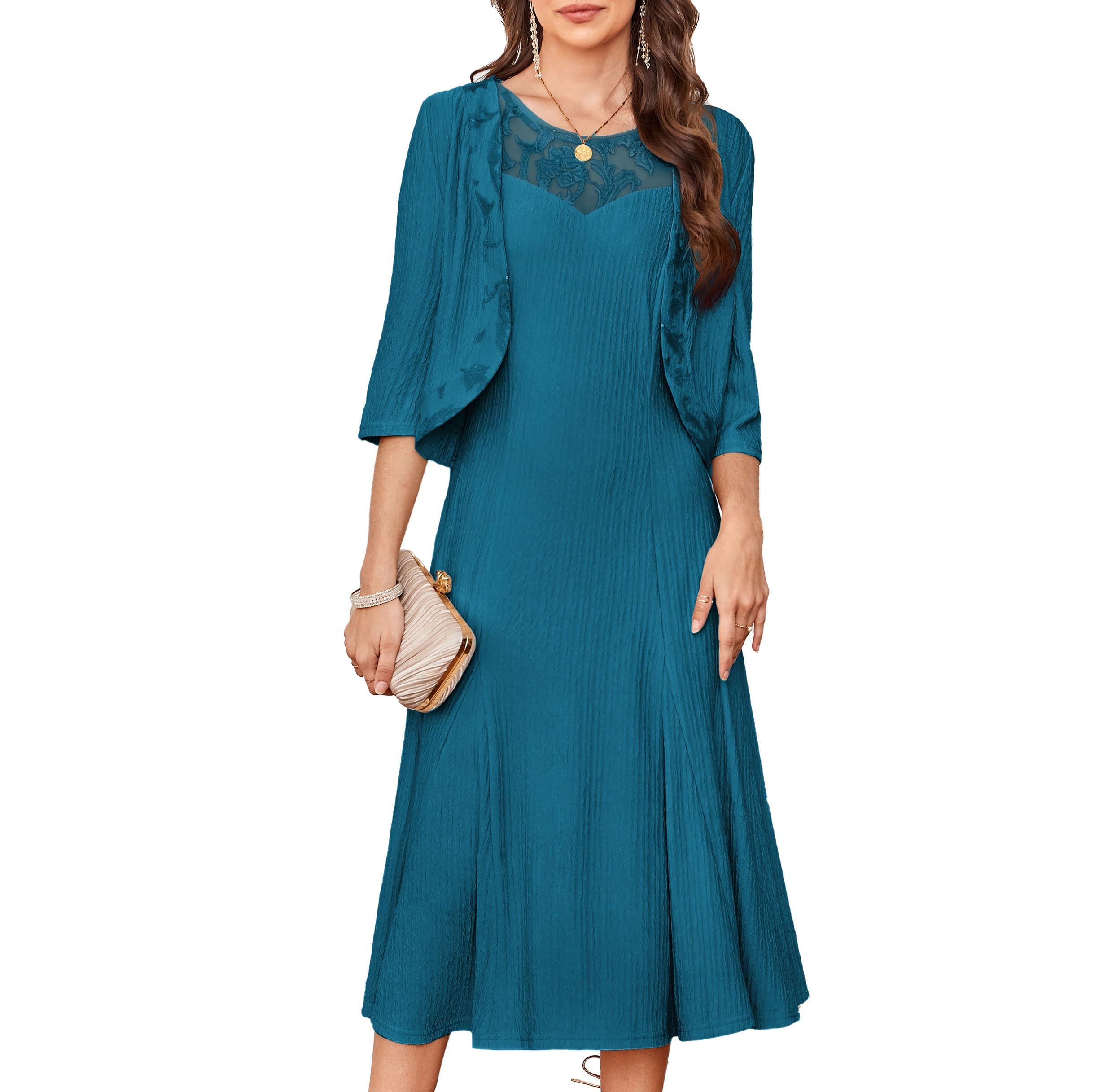 Photo 1 of Formal Dresses for Women 2 Piece Floral Lace Dressy Holiday Outfits with Cardigan Blue-Green L