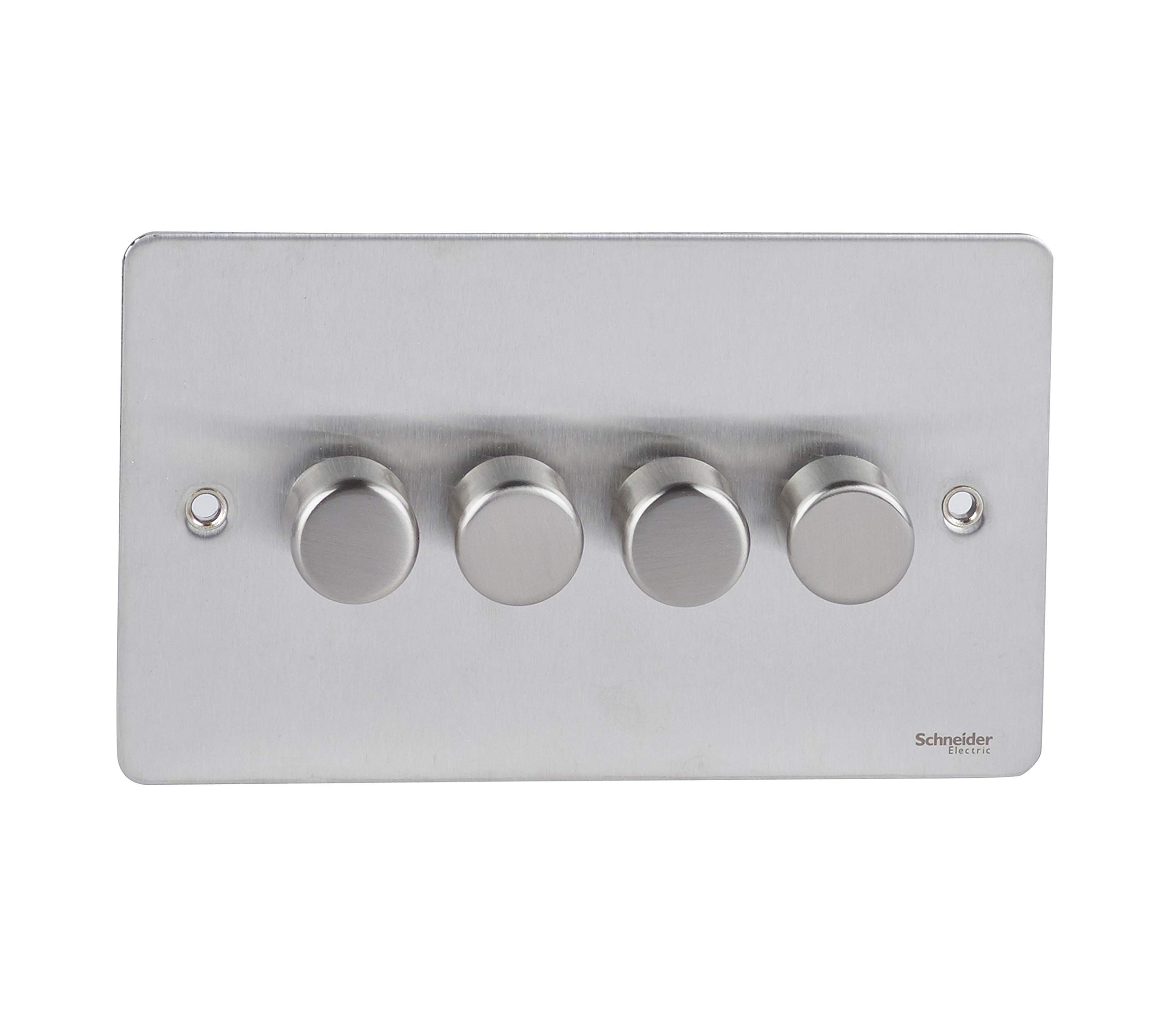 Schneider Electric Ultimate Flat Plate - 4 Gang 2 Way Dimmer Light Switch, Main and Low Voltage, 250W/VA, GU6242CSS, Stainless Steel