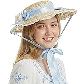 Panchitalk Women Victorian Tea Party Sun Hat, Lolita Bows Flower Ribbon Flat Straw Hat Summer Beach Bonnet Cap for Travel