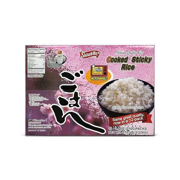 SHIRAKIKU DRIED GRAINS & RICE – JAPANESE STYLE SHORT GRAIN STICKY WHITE RICE – PREMIUM QUALITY MICROWAVABLE READY TO EAT COOKED SUSHI RICE, 7.4 OUNCE (PACK OF 12)
