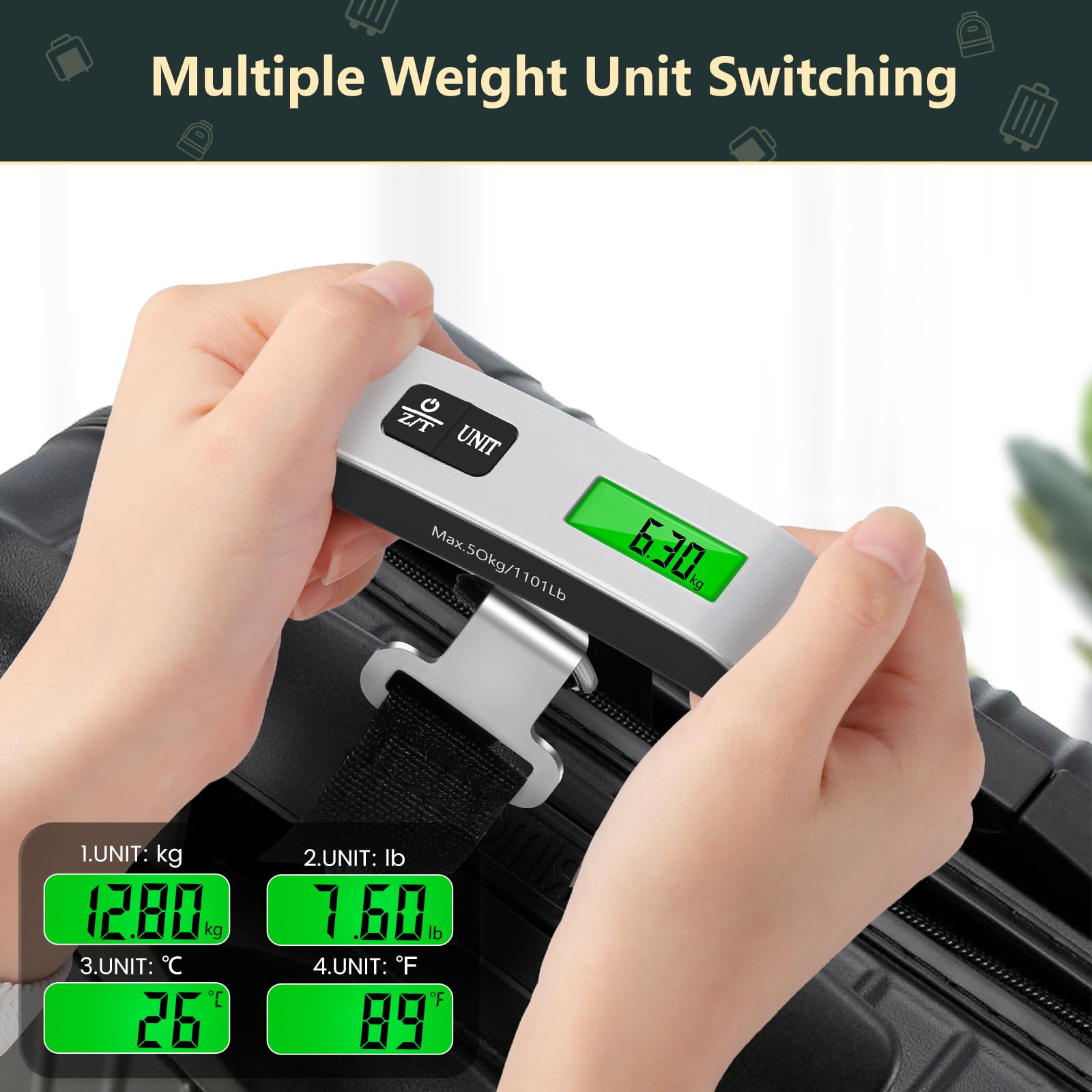 Brencco Kofferwaage Digital mit Haken, Tragbare Elektronische Gepäckwaage 50KG / 110 lb, Digitalwaage Tara-Funktion Praktisch Digitale Hängewaage für Reise 2