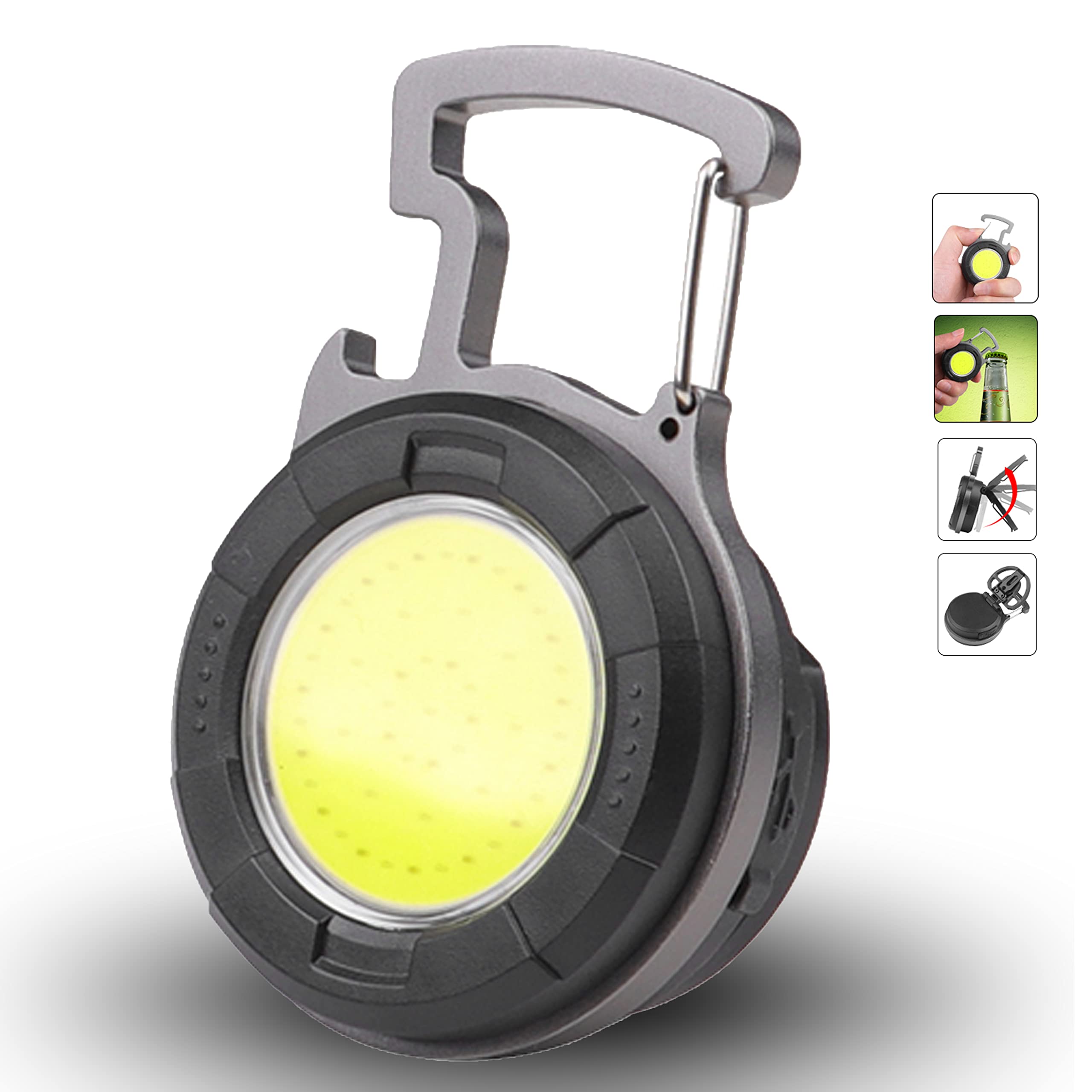 Small Keychain Torch, 1200 Lumens COB Rechargeable Mini Work Light 4 Modes with Folding Bracket, Portable Mini Lamp Pocket Bottle Opener, Magnetic Base Torch Camping Light