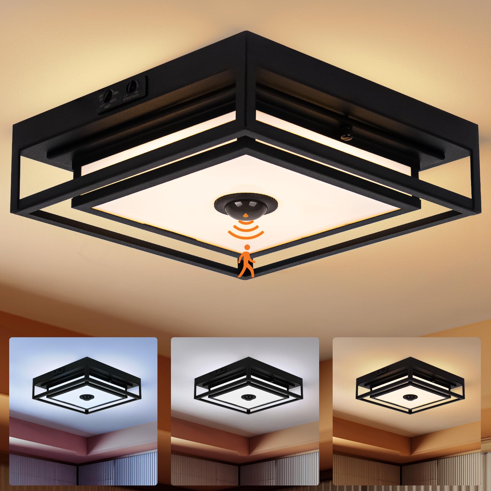 Photo 1 of LED Motion Sensor Outdoor Ceiling Light, Modern Black Flush Mount Ceiling Light, 10.5" Square Dusk to Dawn Exterior Light, Waterproof Light Fixture Ceiling Mount for Porch, Garage, Entryway,Farmhouse