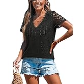 CUPSHE Short Sleeve Tops for Women Eyelet Blouse Scalloped Lace V Neck Casual Loose Fashion Shirts Dressy Summer