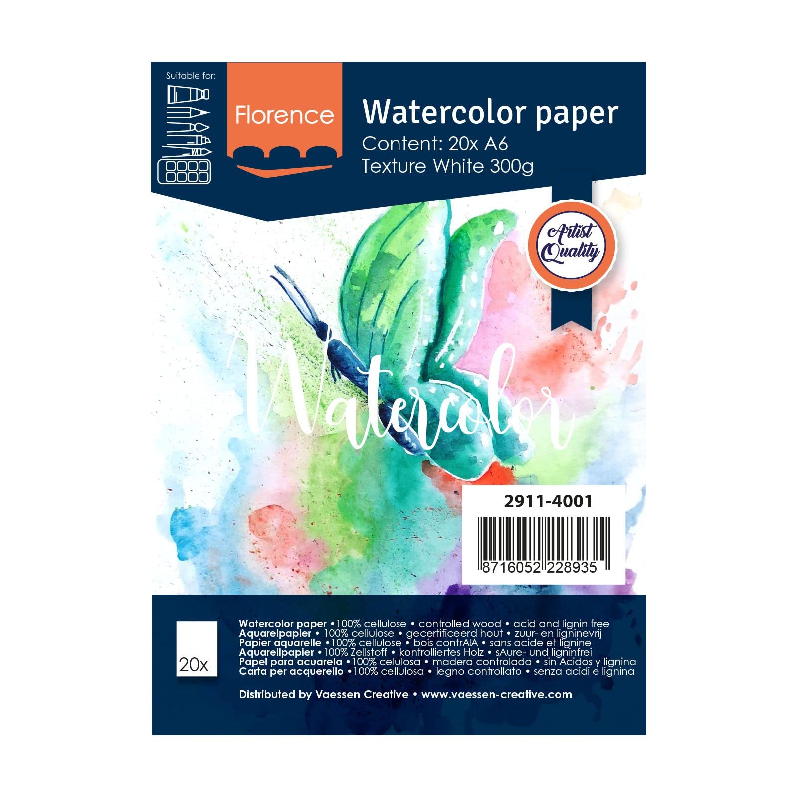 Vaessen Creative Florence Watercolour Paper A6, White, 300 GSM, Artist Grade Quality, Textured Surface, 20 sheets for Painting, Handlettering, Art Projects and More