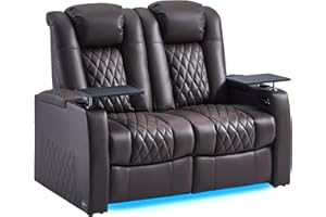 comfiroom Home Theater Seating Seats Classic Series Top Grain Nappa Leather Loveseat Recliner Chair Dual Power Electric Headrest Movie Gaming Sofa with Tray Table (Brown, Row of 2 Loveseat)