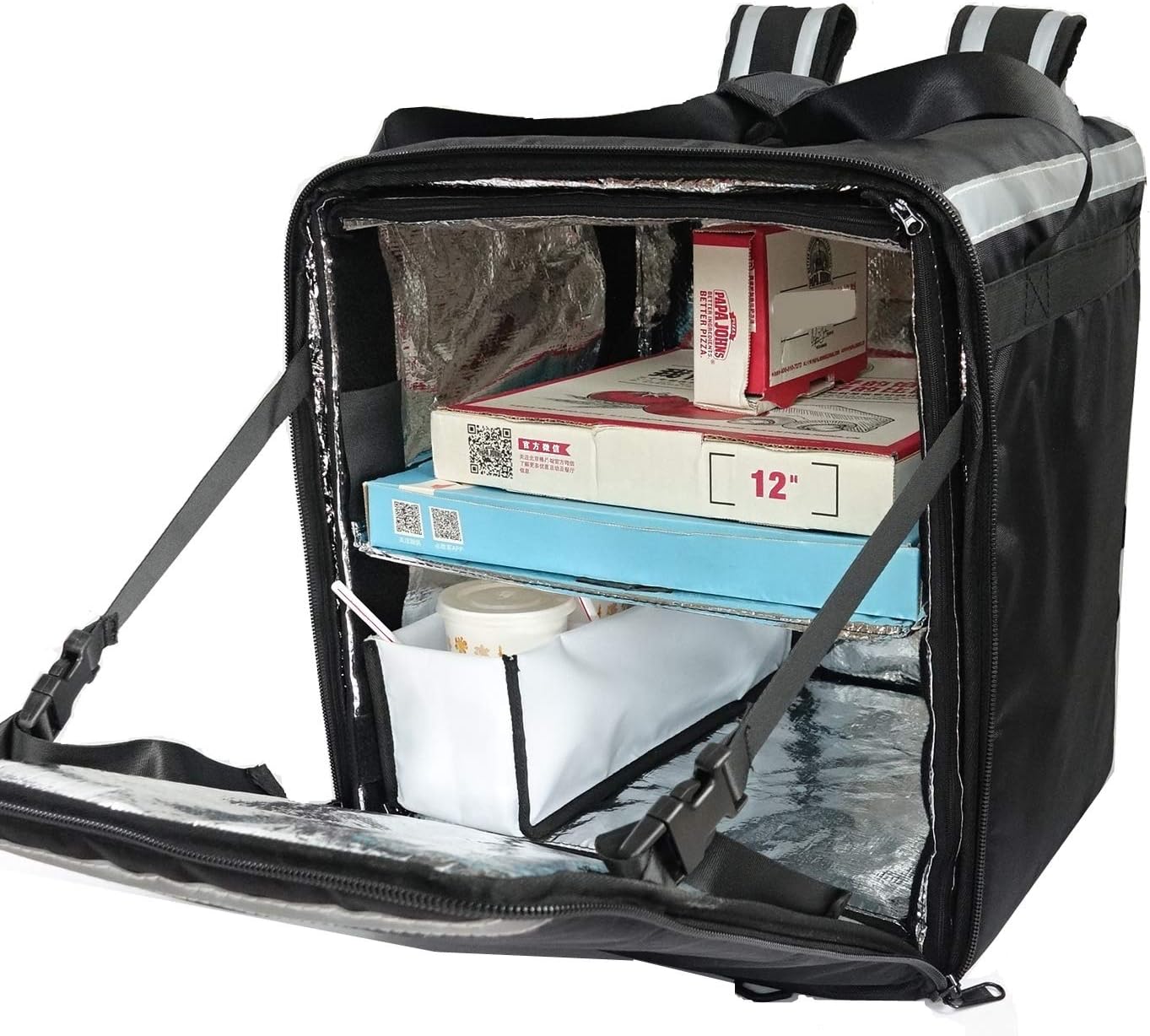 PK-76F: Large Doubledeck Insulated Pizza/Food Delivery Backpack, 16"x 15"x 18", with Divider, Cup Holder. Waterproof Thermal Food Take-Out Box, Keep Hot/Cold for Uber Eats,DoorDash, 76Liters (Black)