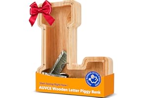 AUVCE Wooden Letter Piggy Bank for Kids, Initial Coin Bank for Boys and Girls, First Name Personalized Savings Bank for Birthday Boys Girls Gift Piggy Bank for Kids (Wood, S9-L)