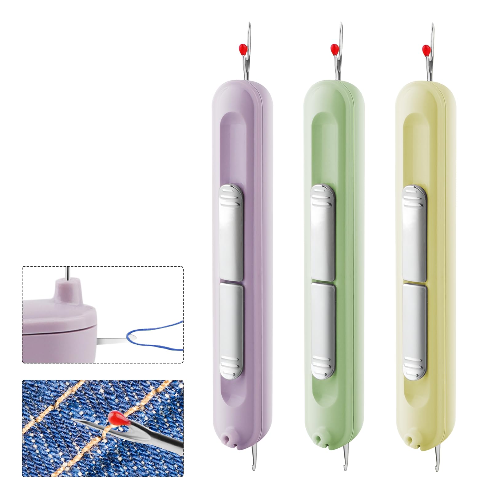 Photo 1 of Needle Threaders, 2 in 1 Plug-in Needle Threader Seam Ripper Tool, Automatic Stretchable Seam Rippers for Sewing, Hand Quilling Supplies,Embroidery Stitch Removal (Purple/Green/Yellow)