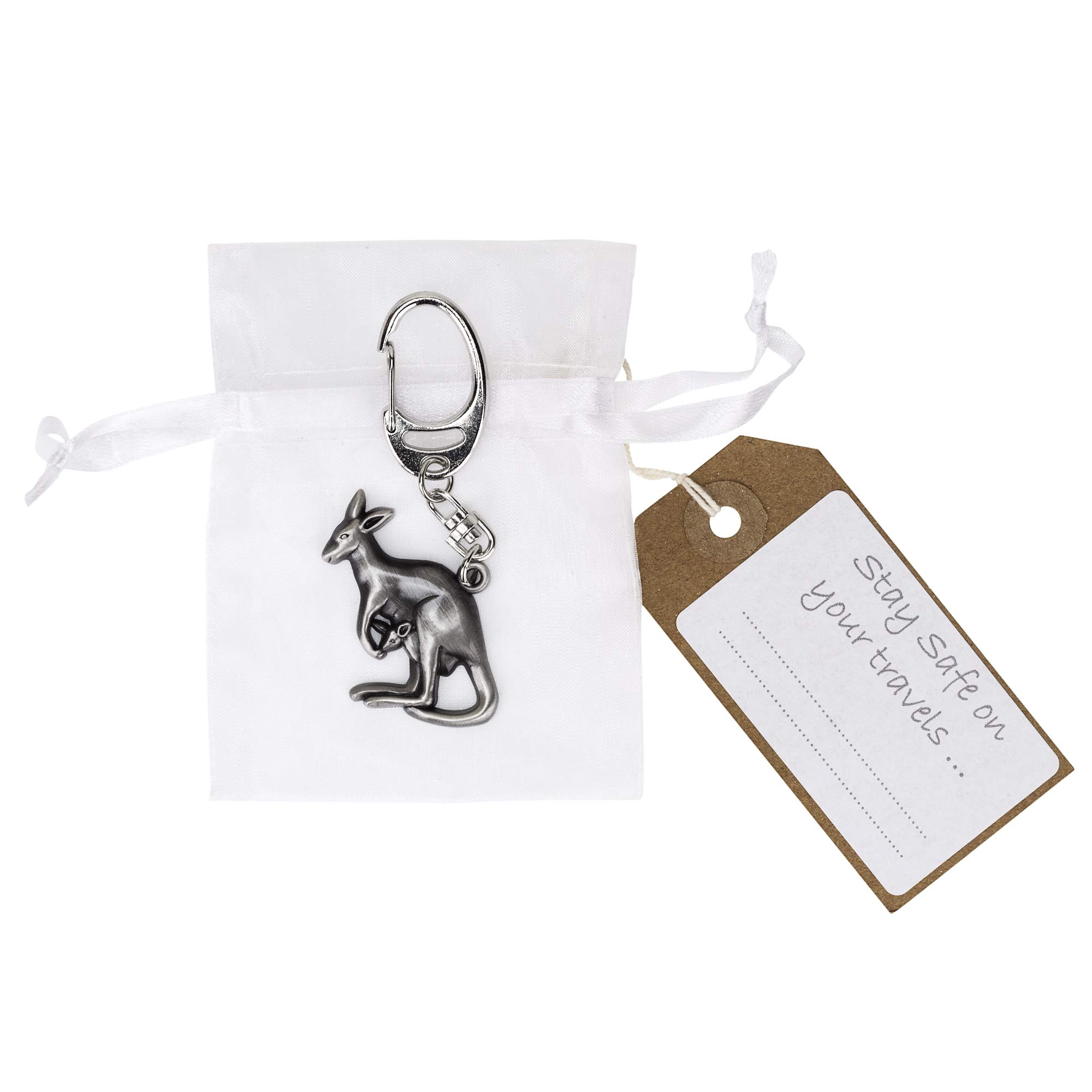 Kangaroo metal keyring with 'Travel Safely' message
