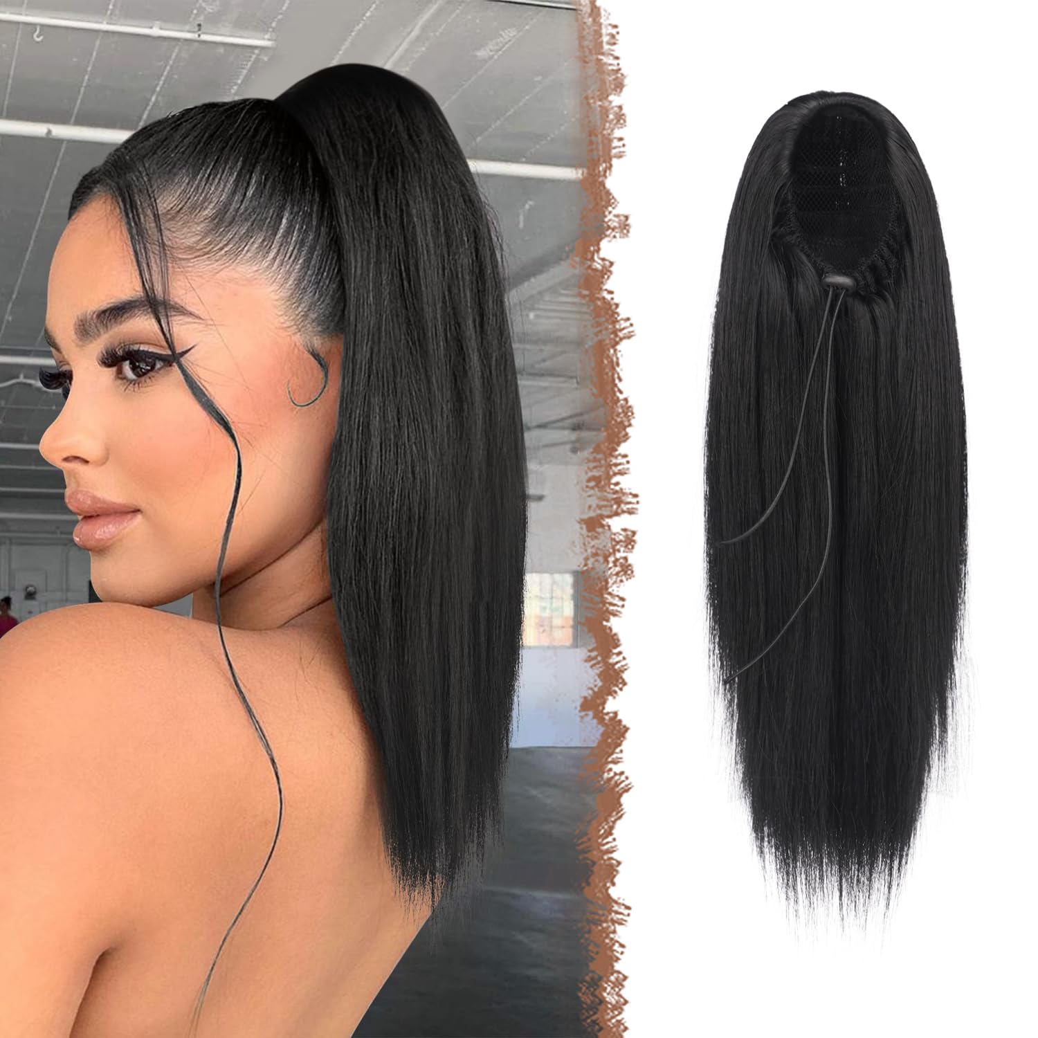 Photo 1 of FESHFEN Straight Ponytail Extensions Long Drawstring Natural Synthetic Pony Tail Hair Pieces Clip in Ponytails Hairpieces for Women, Natural Black 12 inch