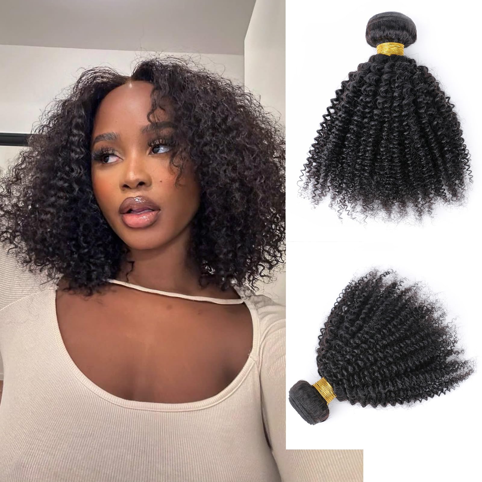 Brazilian Afro Kinky Curly Hair 4B 4C Single Bundle 100% Unprocessed Virgin Afro Curly Human Hair Extension Double Weft Hair Weaves Natural Black Color for Black Women (1 bundle 12inch) — image 1