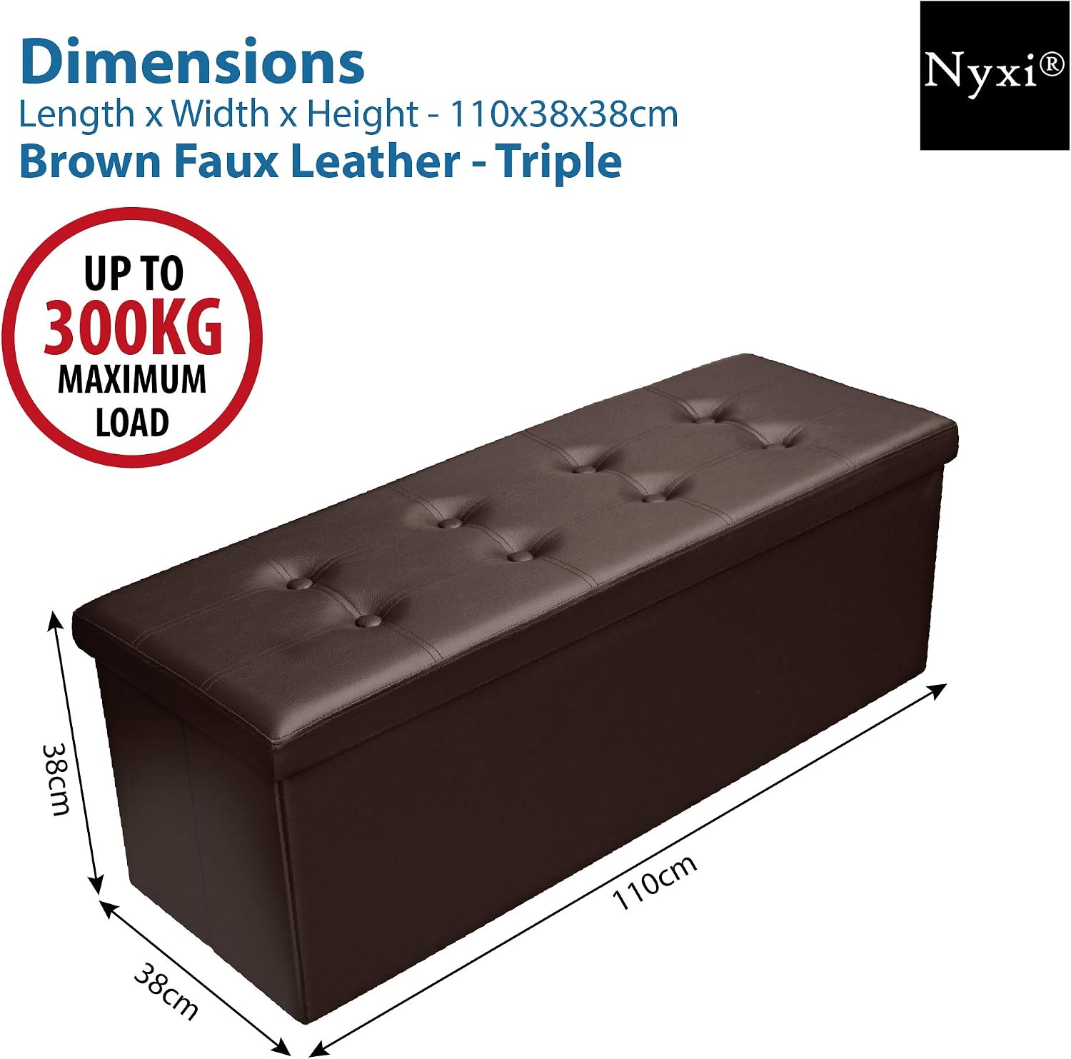 Nyxi Faux Leather 110 * 38 * 38 cm Brown Ottoman Foldable Storage Boxes Seat Foot Stool Storage Box with Lids for Kids Toys Bedroom - Image 3
