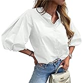 Tankaneo Womens Half Puff Sleeve Button Down Shirts Cotton Loose Fit Tops Summer Dressy Casual Blouses