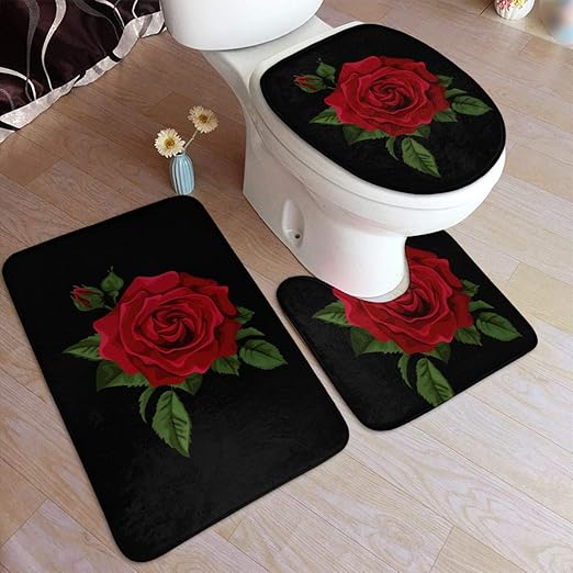 Amazon Com Anti Skid 3 Pieces Bathroom Rugs Mats Sets Valentine S Day Red Rose Includes Washable Bath Rug 31 5 X19 5 U Shaped Contour Mat 19 5 X17 5 Toilet Seat Cover 17 7 X13 8 Kitchen Dining
