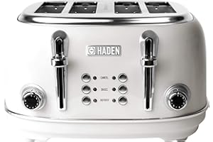 Haden Heritage 4 Slice Wide Slot Stainless Steel Toaster with Adjustable Browning Control & Non-Slip Feet, Ivory & Chrome