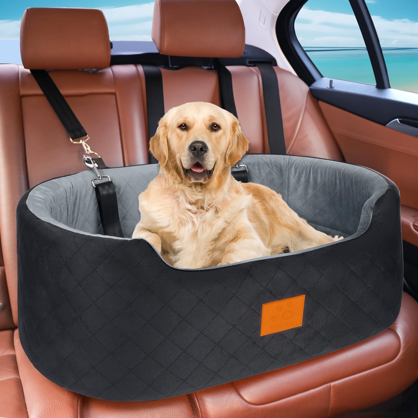 Photo 1 of Feporen Dog Car Seat for Medium Dogs Up to 50 lbs, Pet Booster Seat for Cars SUVs and Trucks, Travel Dog Bed with Safety Strap, Thick Cushion, Non-Slip Base, Washable and Portable(Black/Gray